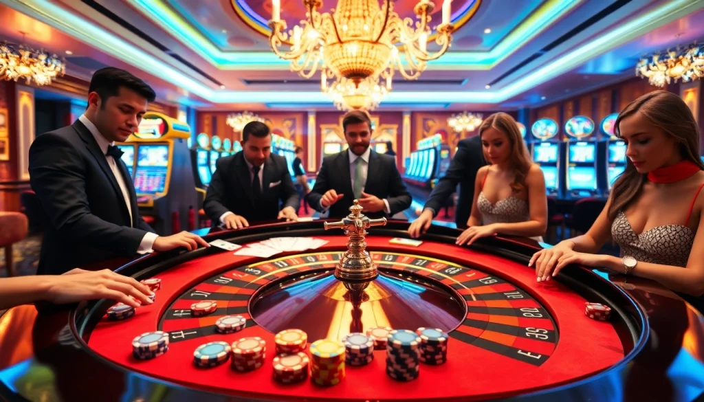 Players enjoying an exciting game at the luxurious FLY88-themed roulette table in a vibrant casino.