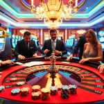 Players enjoying an exciting game at the luxurious FLY88-themed roulette table in a vibrant casino.