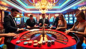 Players enjoying an exciting game at the luxurious FLY88-themed roulette table in a vibrant casino.