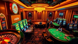 Engage with onicplay at a luxury online casino featuring vibrant slot machines and intense poker tables.
