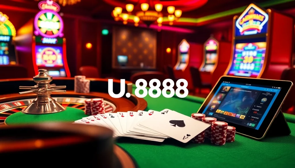 A player engaging at U 888 casino table with poker cards and vibrant chips highlighting online gambling excitement.