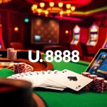 A player engaging at U 888 casino table with poker cards and vibrant chips highlighting online gambling excitement.