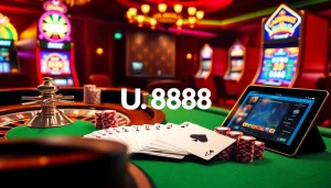 A player engaging at U 888 casino table with poker cards and vibrant chips highlighting online gambling excitement.