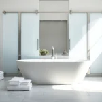 Stylish bathtub sliding doors in a modern bathroom with a serene atmosphere.