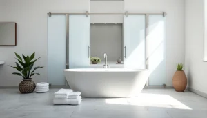 Stylish bathtub sliding doors in a modern bathroom with a serene atmosphere.