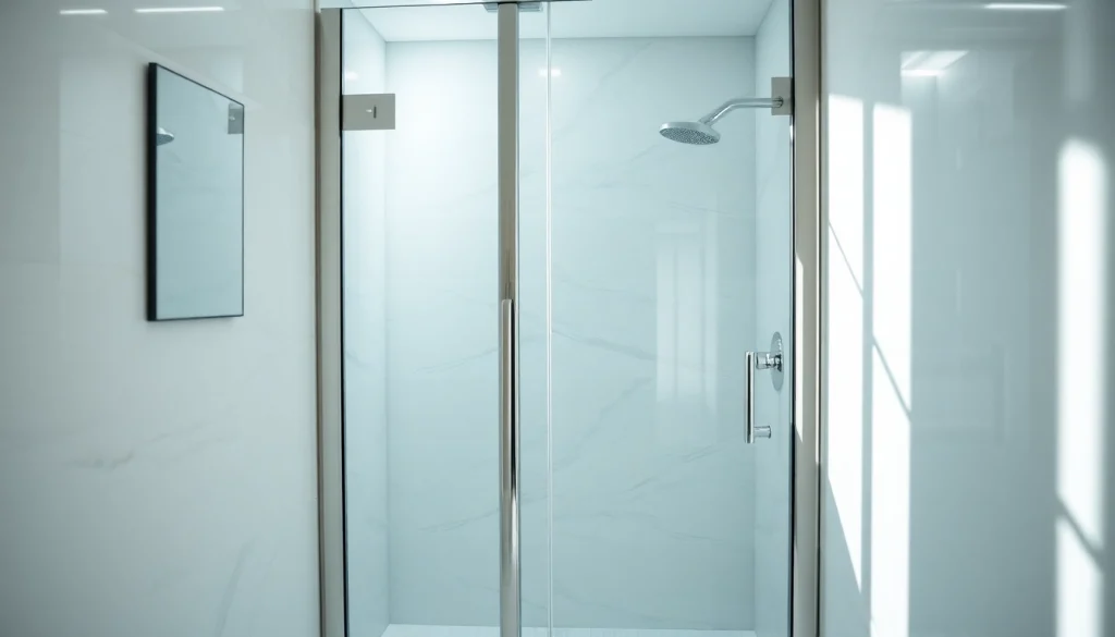 Showcase of a modern shower screen door in a chic bathroom setting.