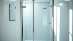 Showcase of a modern shower screen door in a chic bathroom setting.