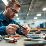 Wyoming Electrical Apprenticeship: Experienced electrician wiring circuit boards in a bright workshop.