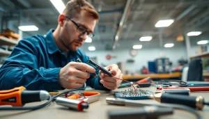 Wyoming Electrical Apprenticeship: Experienced electrician wiring circuit boards in a bright workshop.