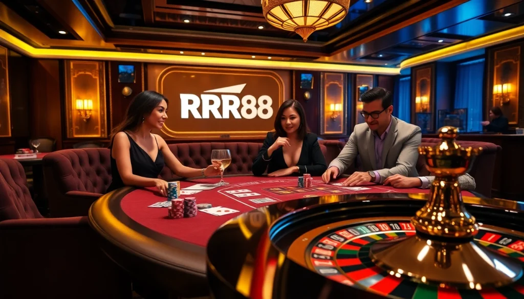 Engage with RR88's exclusive poker table surrounded by high-stakes gameplay.