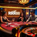 Engage with RR88's exclusive poker table surrounded by high-stakes gameplay.