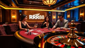 Engage with RR88's exclusive poker table surrounded by high-stakes gameplay.