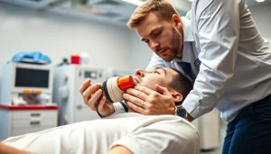 Trainer using a choking rescue device to assist a distressed individual in a training session.