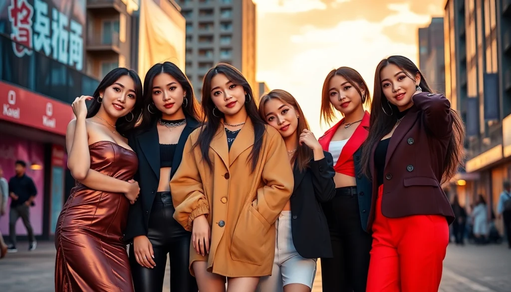 blackpink members striking a dynamic pose showcasing their unique styles against a vibrant urban backdrop.