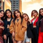 blackpink members striking a dynamic pose showcasing their unique styles against a vibrant urban backdrop.