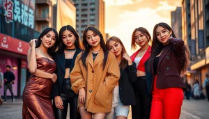 blackpink members striking a dynamic pose showcasing their unique styles against a vibrant urban backdrop.