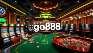 Experience the thrill of downloading 'tải go88' in an exciting casino scene featuring poker tables and vibrant slot machines.