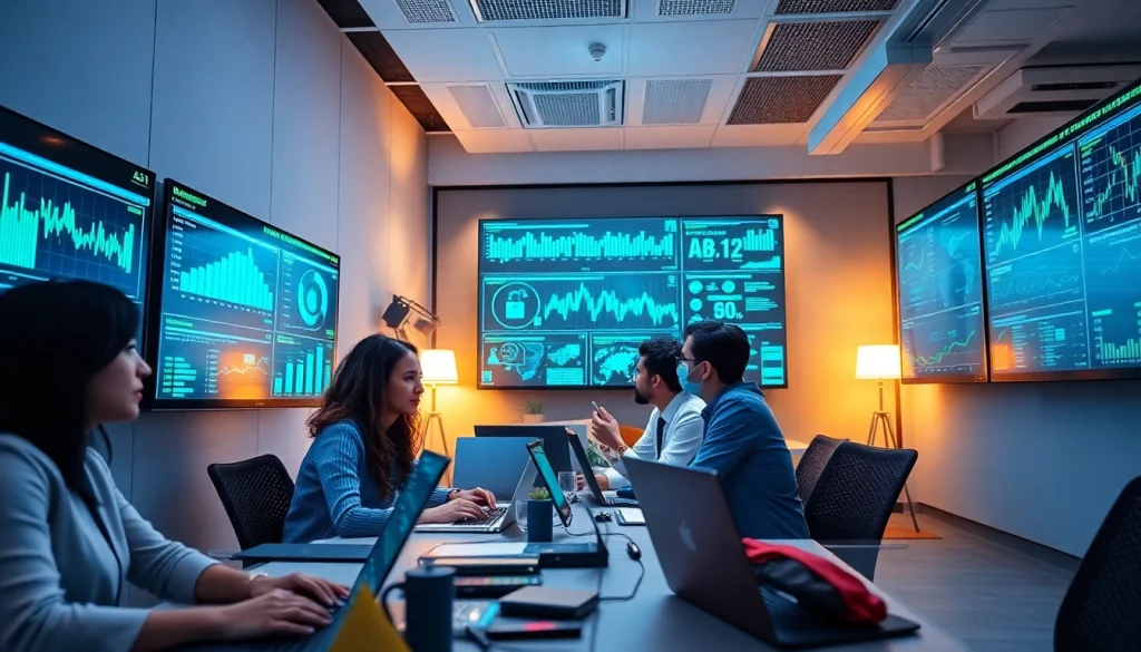 Cybersecurity AI professionals analyzing analytics in a modern office.