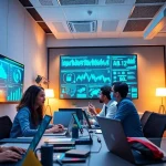 Cybersecurity AI professionals analyzing analytics in a modern office.