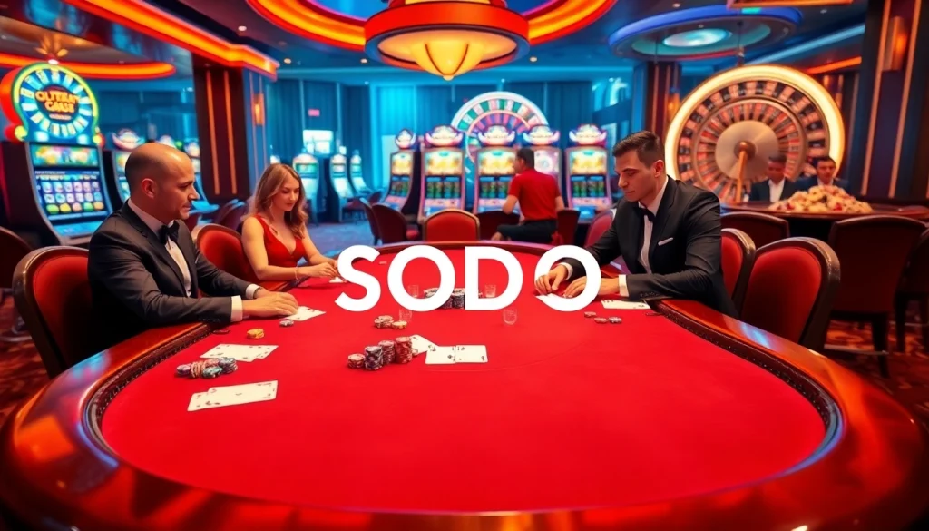 SODO casino scene featuring high-stakes poker with players, chips, and illuminated slot machines.