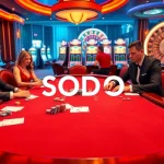 SODO casino scene featuring high-stakes poker with players, chips, and illuminated slot machines.