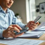 Menelaah proses deposit 1k di bank dengan kalkulator dan dokumen keuangan.