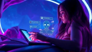 Engaging NSFW character AI chat interface in a futuristic setting.