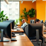 People engaged in productive tasks at a typing center, showcasing a modern workspace.