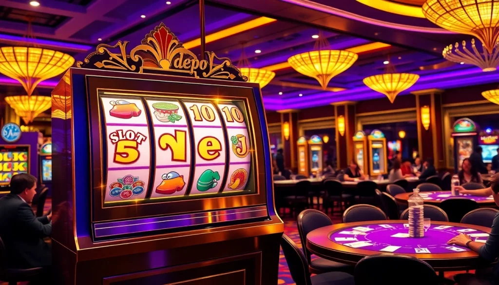 Rasakan sensasi slot depo 5RB dengan visual kasino yang mendalam menampilkan mesin slot dan permainan yang penuh warna.