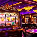 Rasakan sensasi slot depo 5RB dengan visual kasino yang mendalam menampilkan mesin slot dan permainan yang penuh warna.