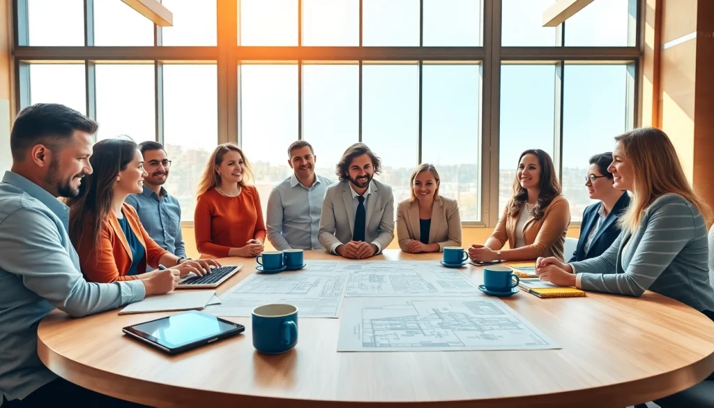 Construction membership association professionals collaborating in a bright, modern meeting room.