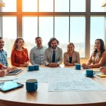 Construction membership association professionals collaborating in a bright, modern meeting room.