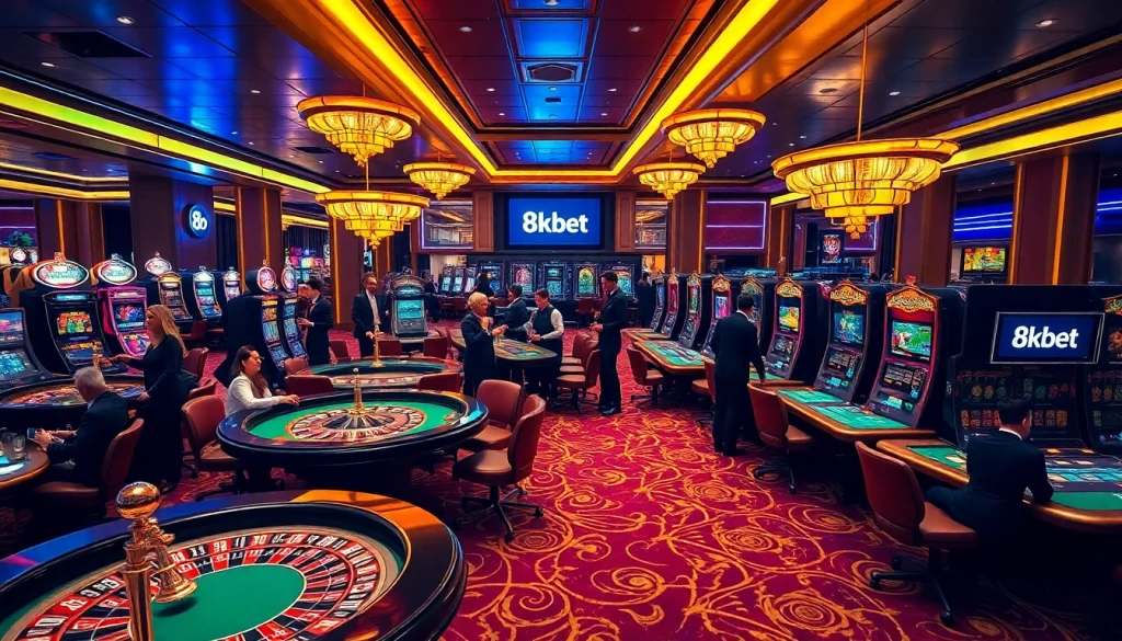 Players enjoying games at 8kbet casino with excitement and luxury ambiance.
