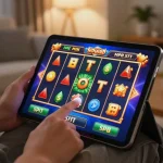 Engaging in an exciting slot game on a tablet, showcasing colorful reels in a cozy living room.