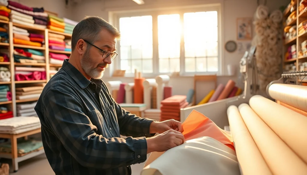 Verkenning van 100% katoen stoffen met levendige texturen en kleuren in een creatief atelier.