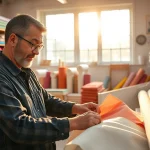 Verkenning van 100% katoen stoffen met levendige texturen en kleuren in een creatief atelier.