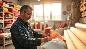 Verkenning van 100% katoen stoffen met levendige texturen en kleuren in een creatief atelier.