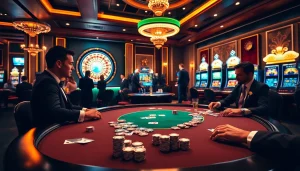 Jeu intense au meilleur casino en ligne avec des jetons de poker et des cartes en jeu.