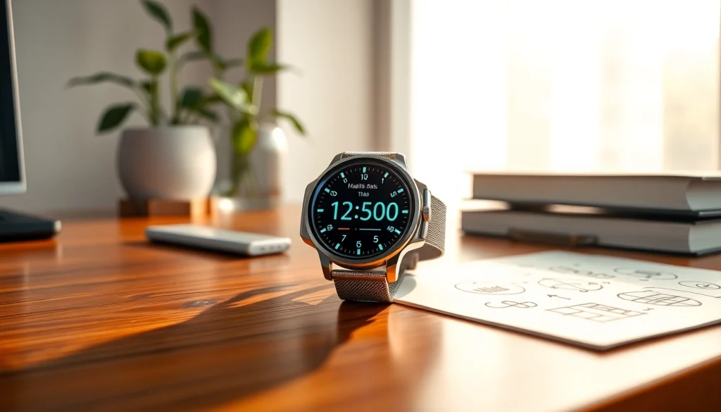 Showcasing a Pulse Smart Watch displaying health data on a wooden desk.