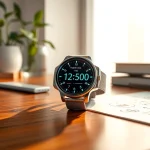 Showcasing a Pulse Smart Watch displaying health data on a wooden desk.
