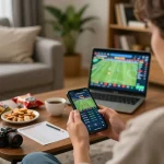The user engages in sports betting at https://nddo.org, focused on smartphone with live game odds displayed, cozy setting.