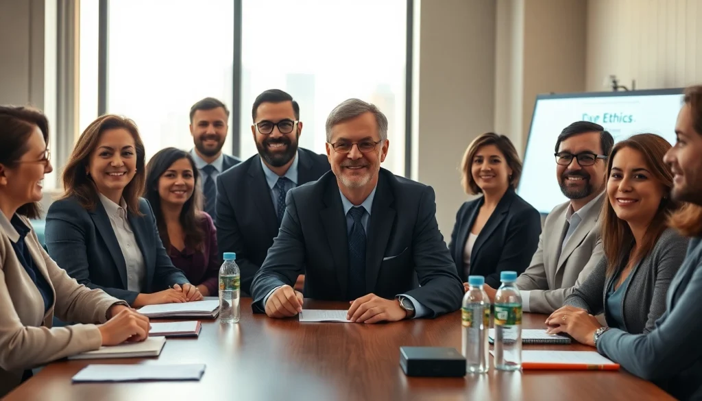 Engaged discussion on Corporate Ethics among diverse leaders in a modern conference room.