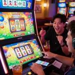 Engaging players enjoying slot mahjong with colorful displays while pressing spin button in a lively online casino.