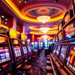 Slot 777 menggiurkan dengan mesin slot berkilau di kasino yang ramai