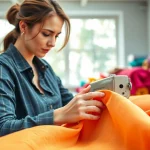 Dames stoffen online in een kleurrijke stoffenwerkplaats met een vakkundige naaister.