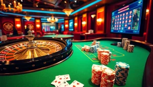 Découvrez l'excitation du casino en ligne France avec des tables luxueuses, des cartes et une roulette.