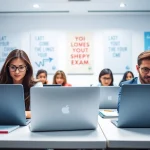 Taking online exams help in a bright study space with students focused on their laptops.