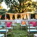 Elegant chair rentals displayed in a vibrant garden setting.