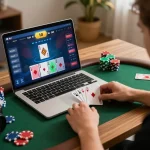 Engaging online เว็บสล็อต game interface with colorful cards and chips in a cozy home setting.