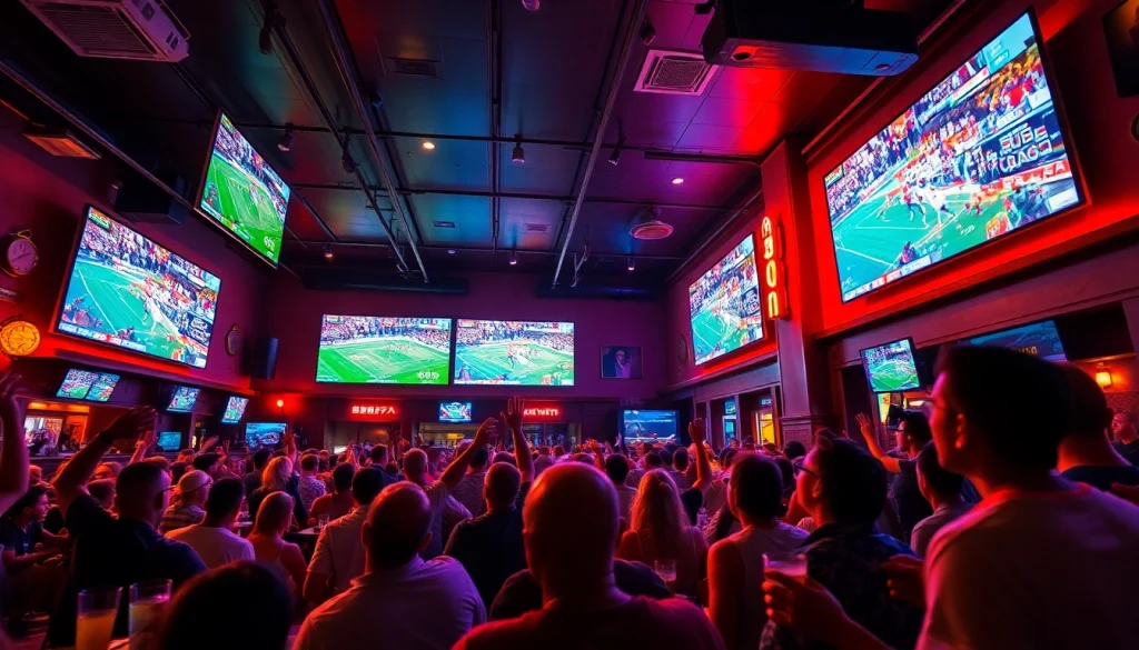 Cheering fans enjoying live sports at 토토스토리's vibrant sports bar setting.